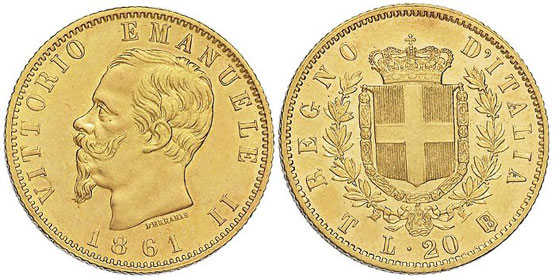 Una moneta da 20 lire emanata dal Regno d’Italia nel 1861